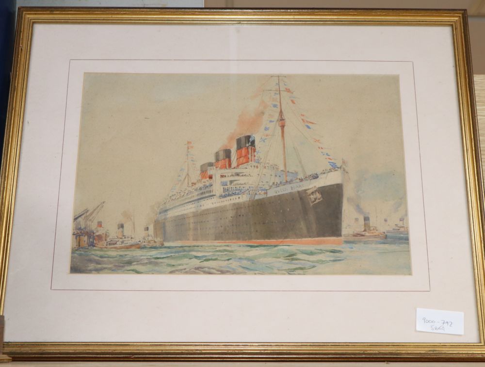 Ernest Rupert Harrington (1886-1980), watercolour, The Queen Mary leaving harbour, inscribed verso, 24 x 37cm